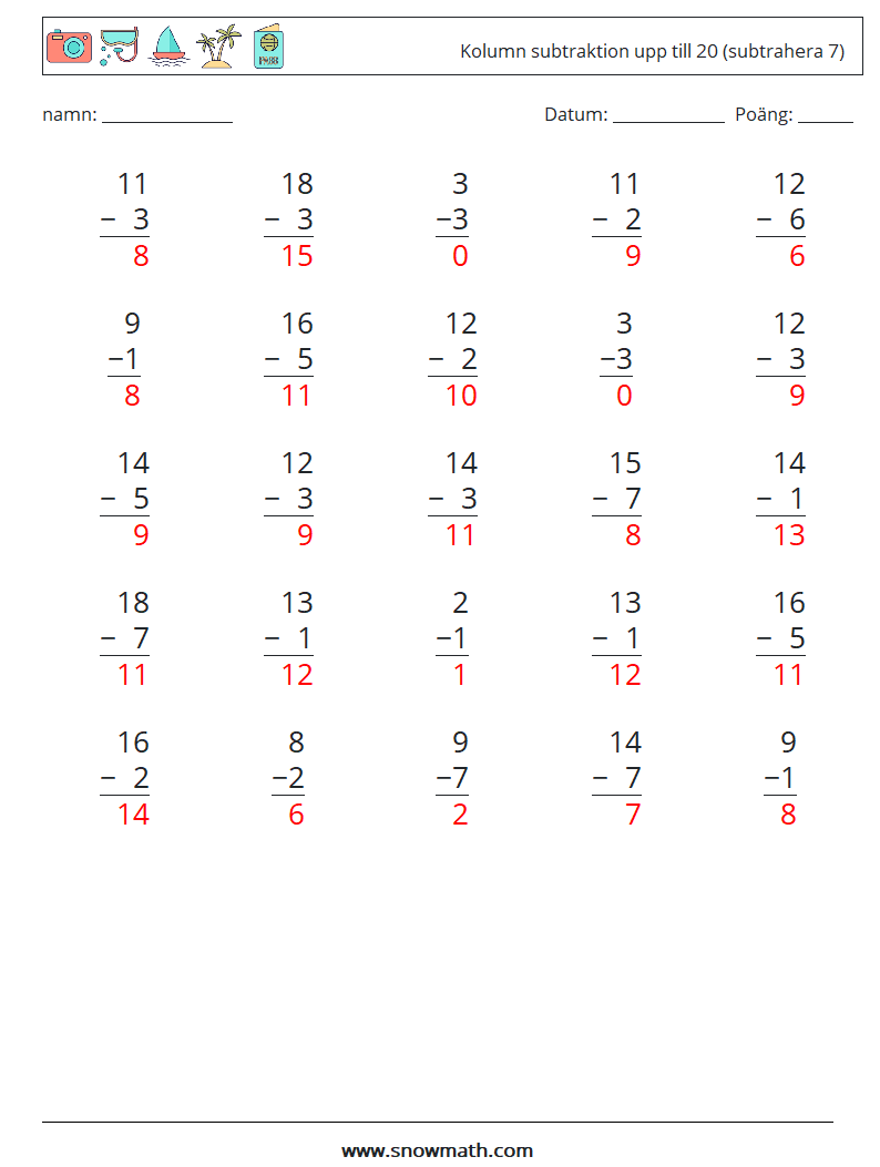 (25) Kolumn subtraktion upp till 20 (subtrahera 7) Matematiska arbetsblad 11 Fråga, svar