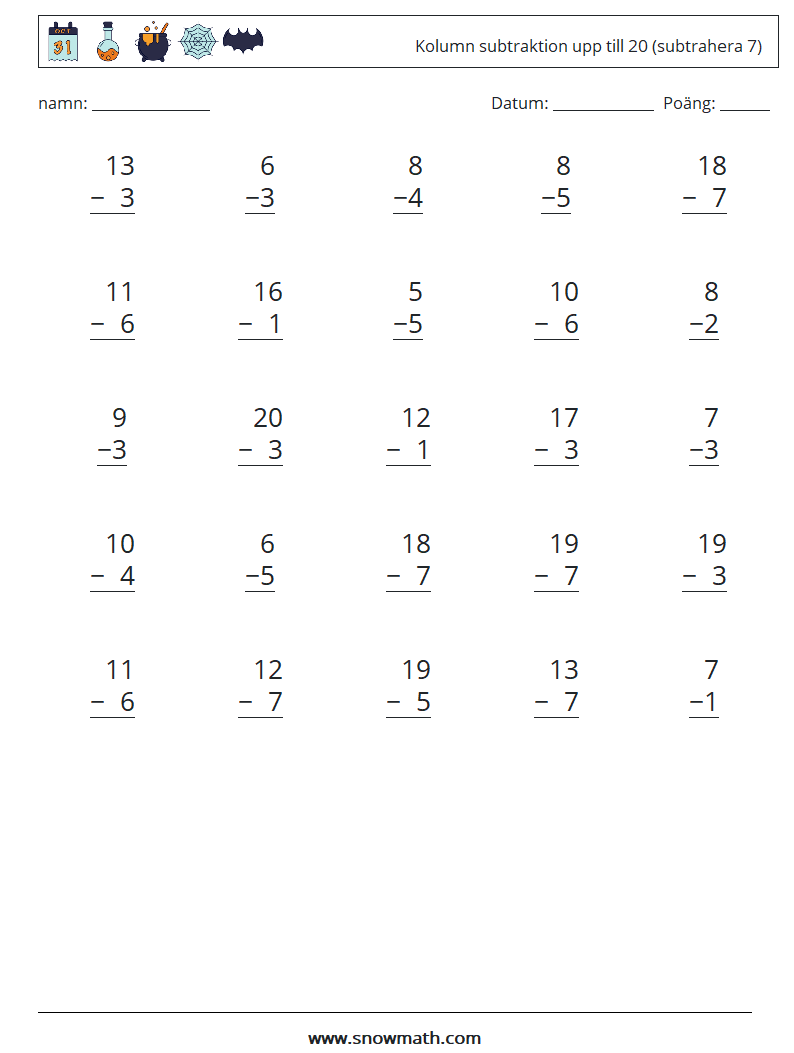 (25) Kolumn subtraktion upp till 20 (subtrahera 7) Matematiska arbetsblad 12