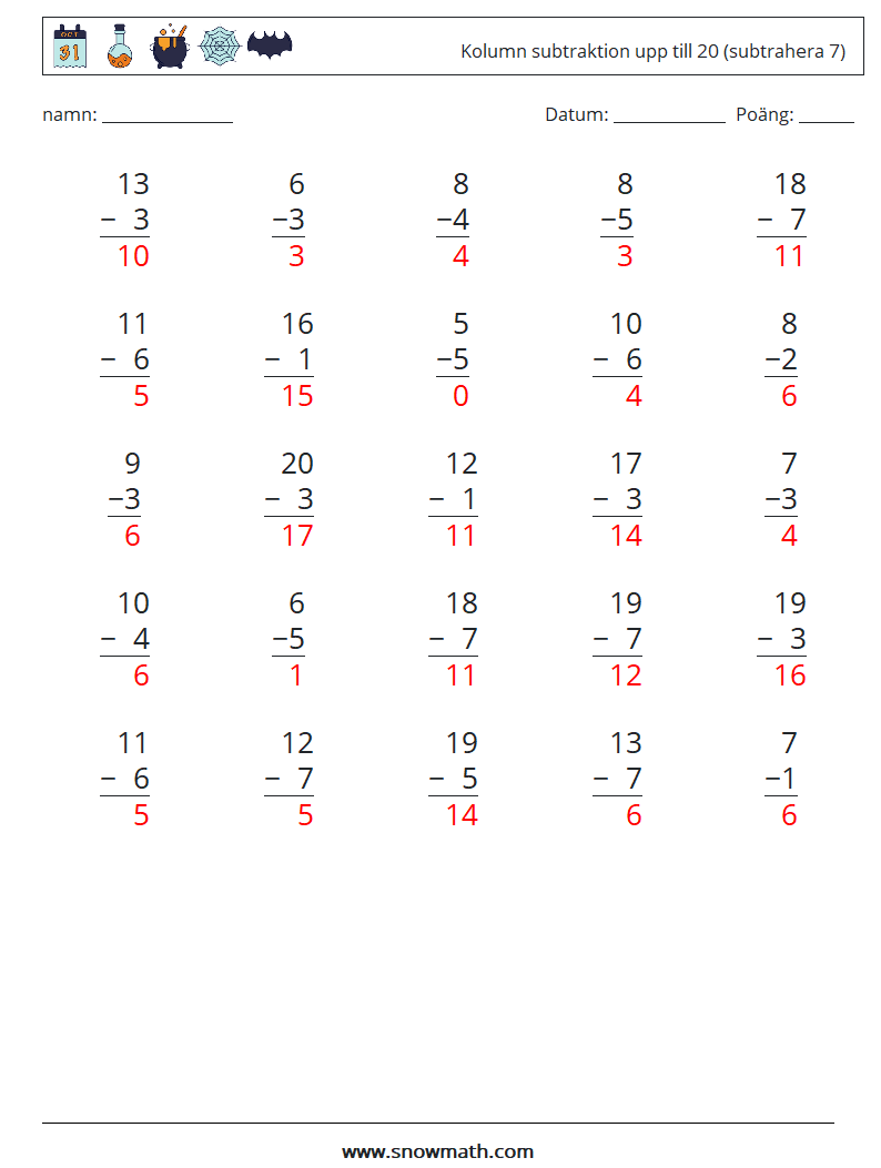 (25) Kolumn subtraktion upp till 20 (subtrahera 7) Matematiska arbetsblad 12 Fråga, svar