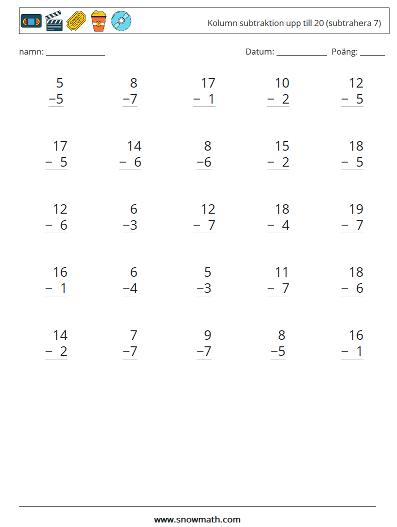 (25) Kolumn subtraktion upp till 20 (subtrahera 7) Matematiska arbetsblad 13