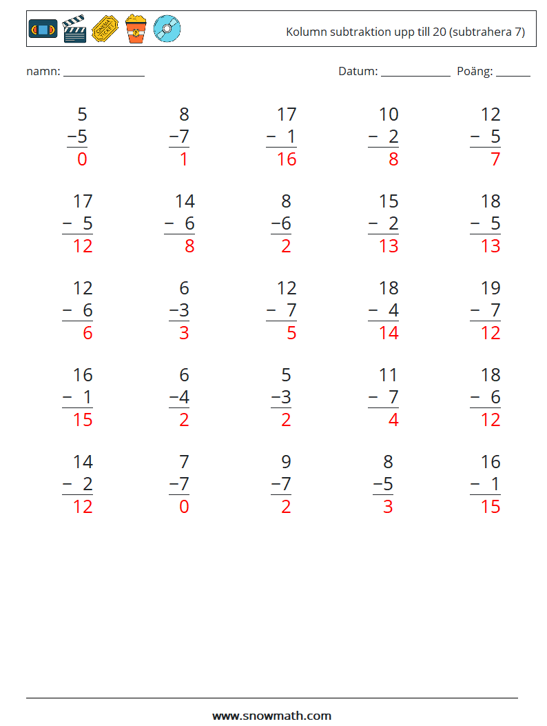 (25) Kolumn subtraktion upp till 20 (subtrahera 7) Matematiska arbetsblad 13 Fråga, svar