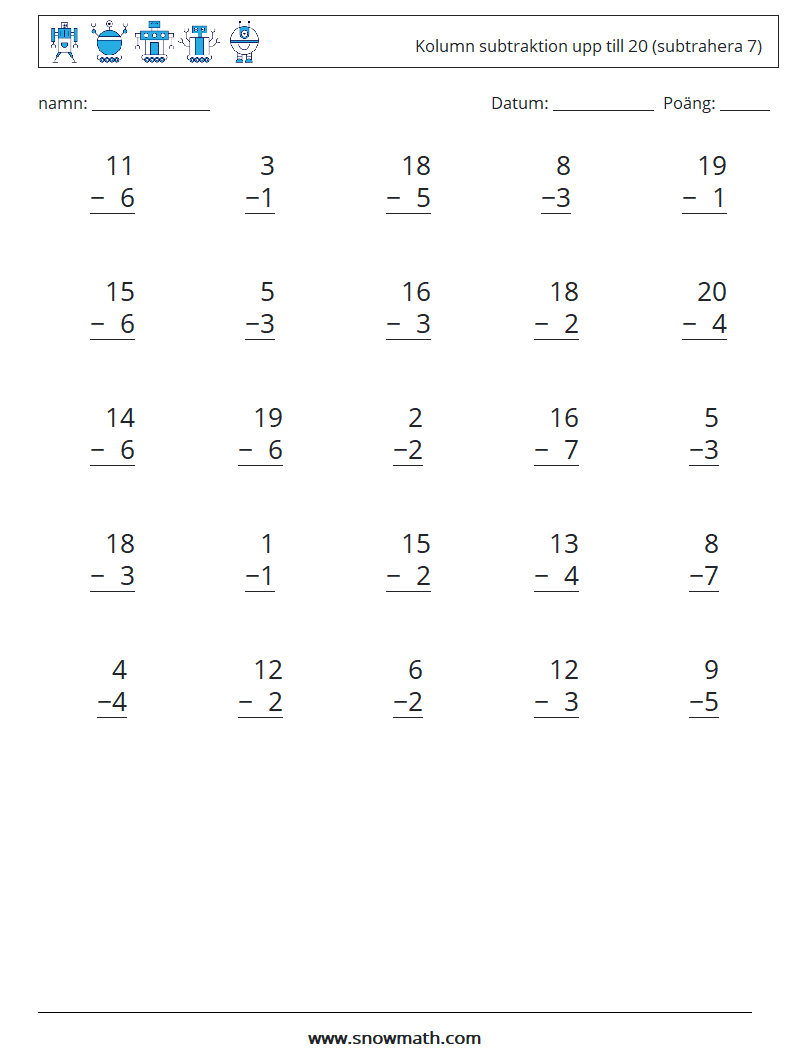 (25) Kolumn subtraktion upp till 20 (subtrahera 7) Matematiska arbetsblad 14