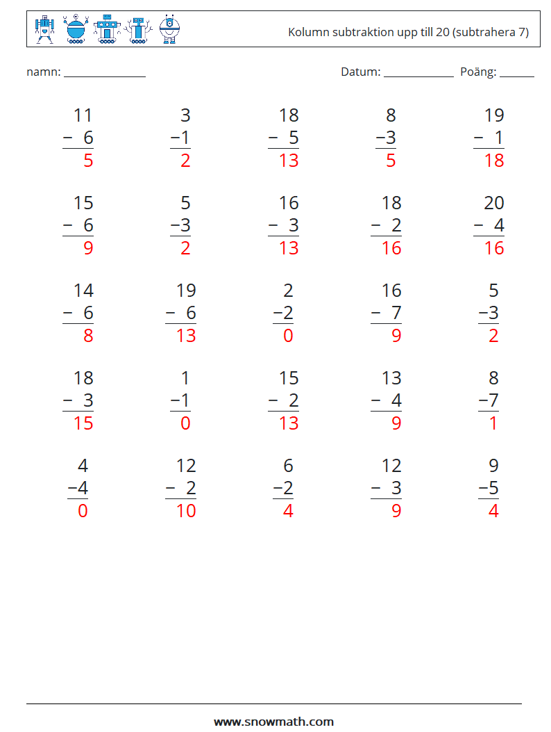 (25) Kolumn subtraktion upp till 20 (subtrahera 7) Matematiska arbetsblad 14 Fråga, svar