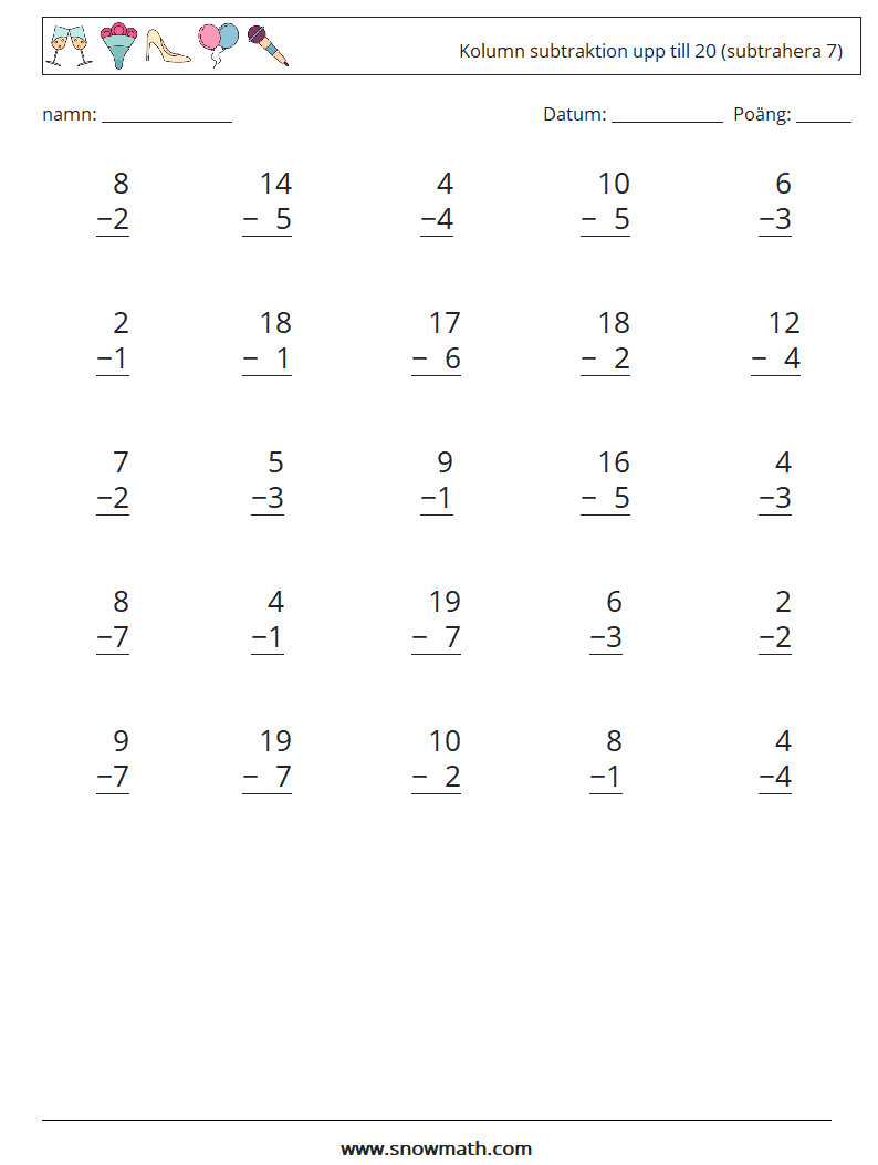 (25) Kolumn subtraktion upp till 20 (subtrahera 7) Matematiska arbetsblad 15