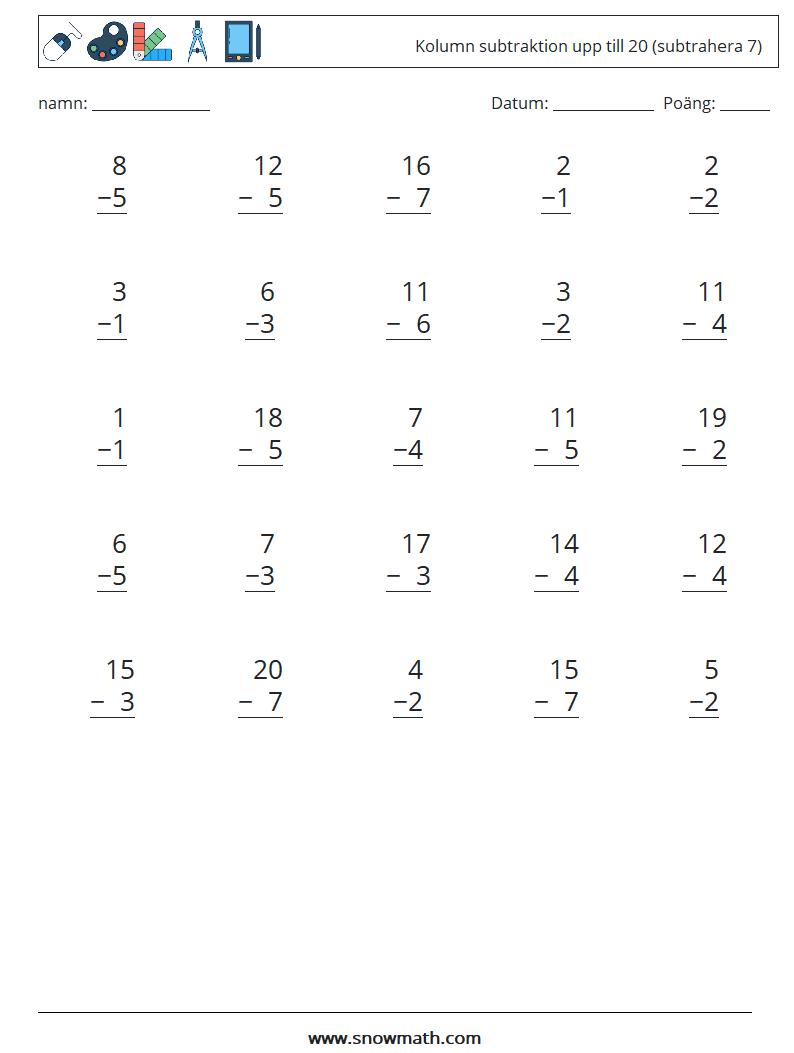 (25) Kolumn subtraktion upp till 20 (subtrahera 7) Matematiska arbetsblad 17