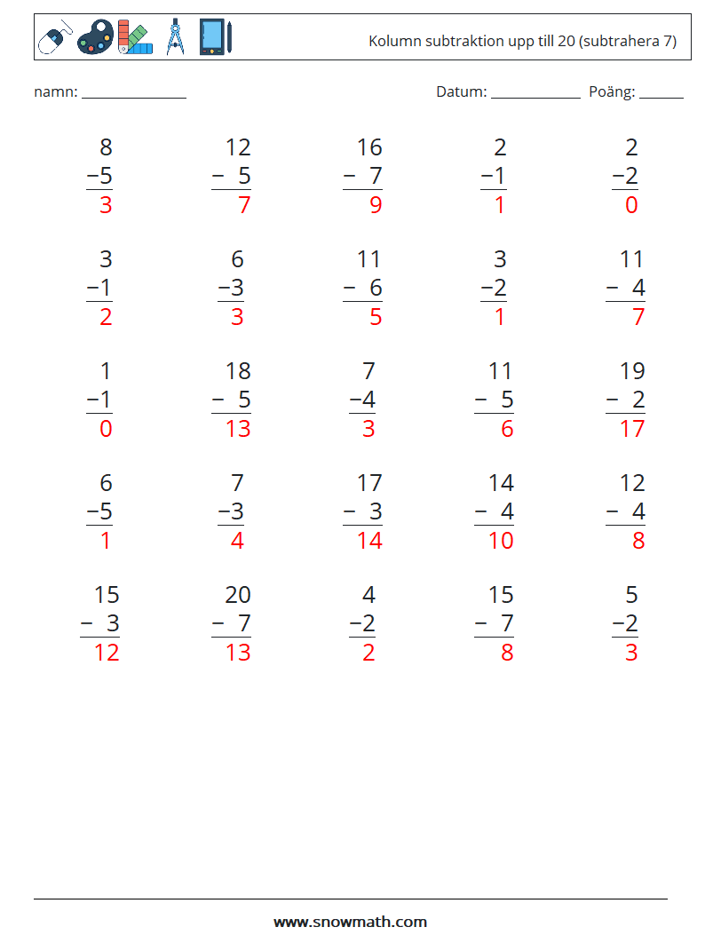 (25) Kolumn subtraktion upp till 20 (subtrahera 7) Matematiska arbetsblad 17 Fråga, svar