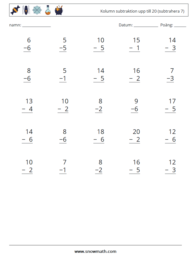 (25) Kolumn subtraktion upp till 20 (subtrahera 7) Matematiska arbetsblad 18