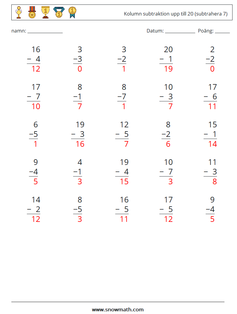 (25) Kolumn subtraktion upp till 20 (subtrahera 7) Matematiska arbetsblad 1 Fråga, svar