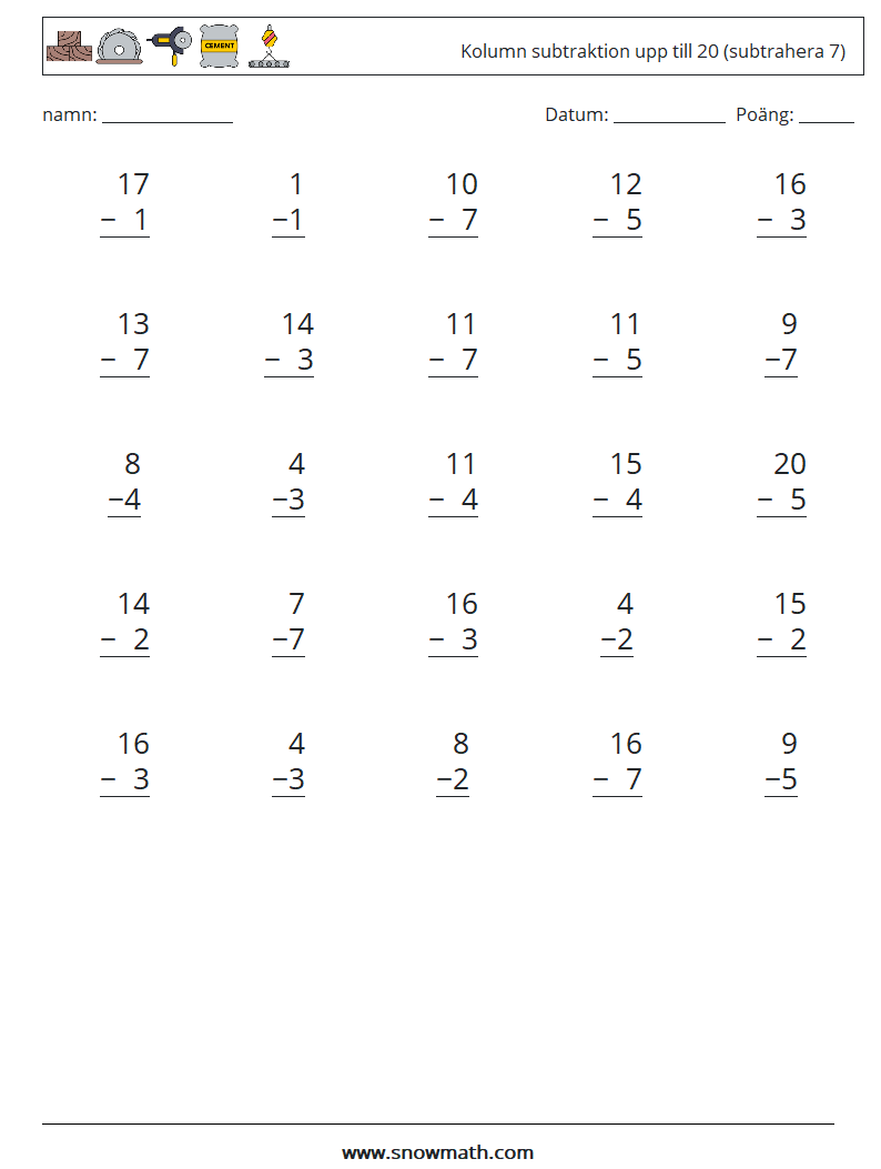 (25) Kolumn subtraktion upp till 20 (subtrahera 7) Matematiska arbetsblad 2