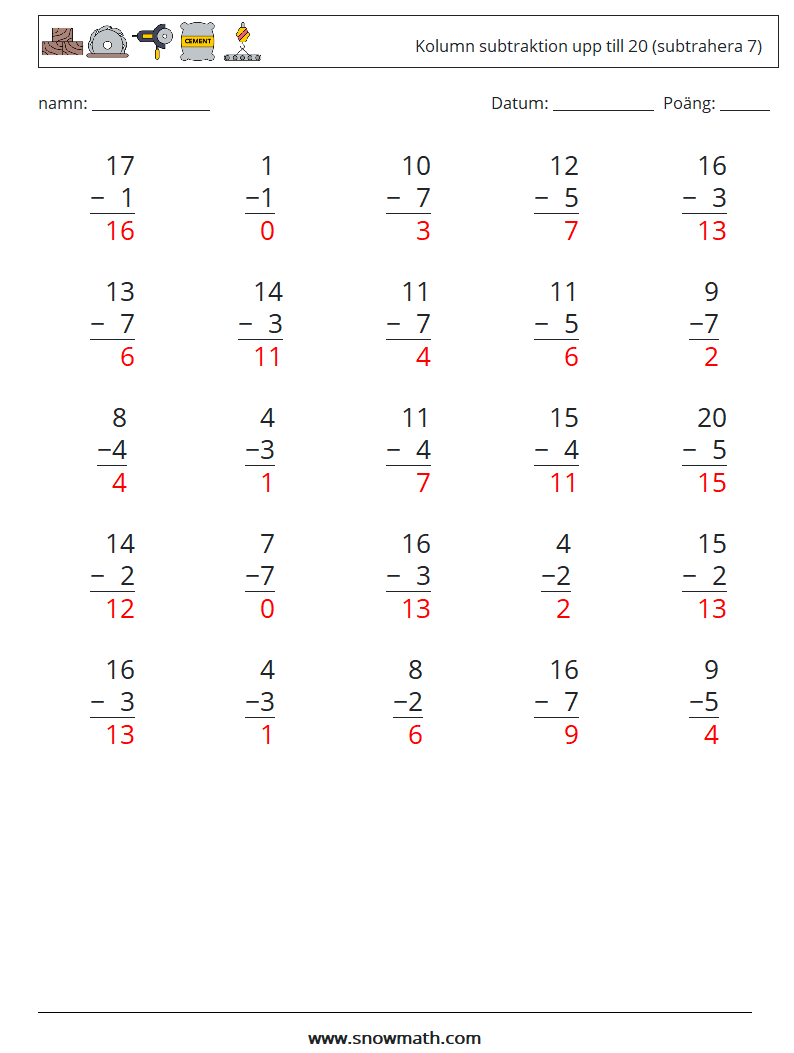 (25) Kolumn subtraktion upp till 20 (subtrahera 7) Matematiska arbetsblad 2 Fråga, svar