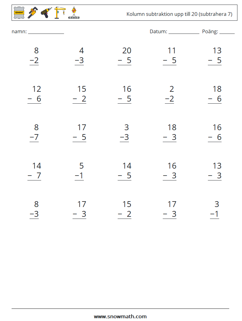 (25) Kolumn subtraktion upp till 20 (subtrahera 7) Matematiska arbetsblad 3