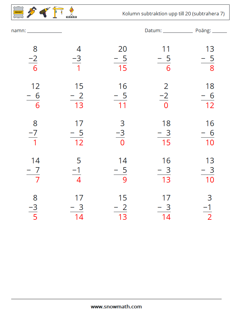 (25) Kolumn subtraktion upp till 20 (subtrahera 7) Matematiska arbetsblad 3 Fråga, svar