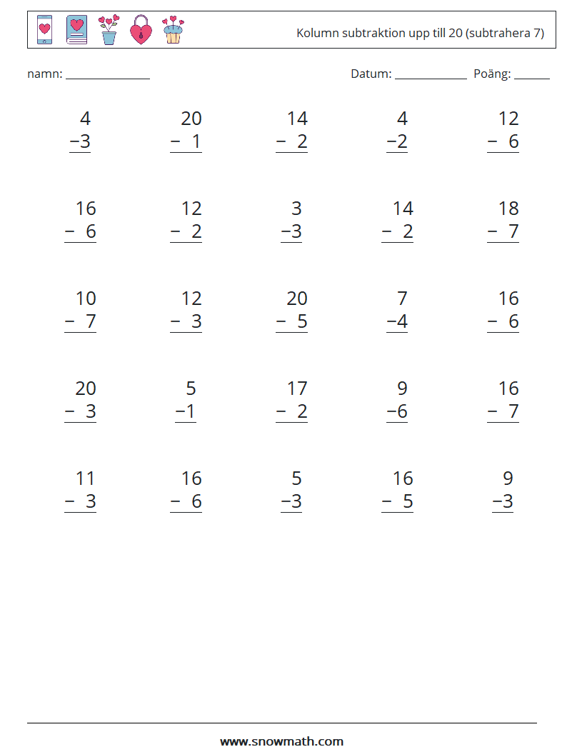 (25) Kolumn subtraktion upp till 20 (subtrahera 7) Matematiska arbetsblad 4