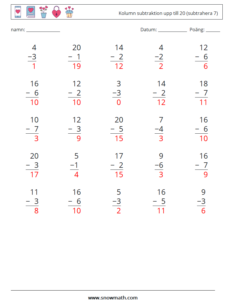 (25) Kolumn subtraktion upp till 20 (subtrahera 7) Matematiska arbetsblad 4 Fråga, svar