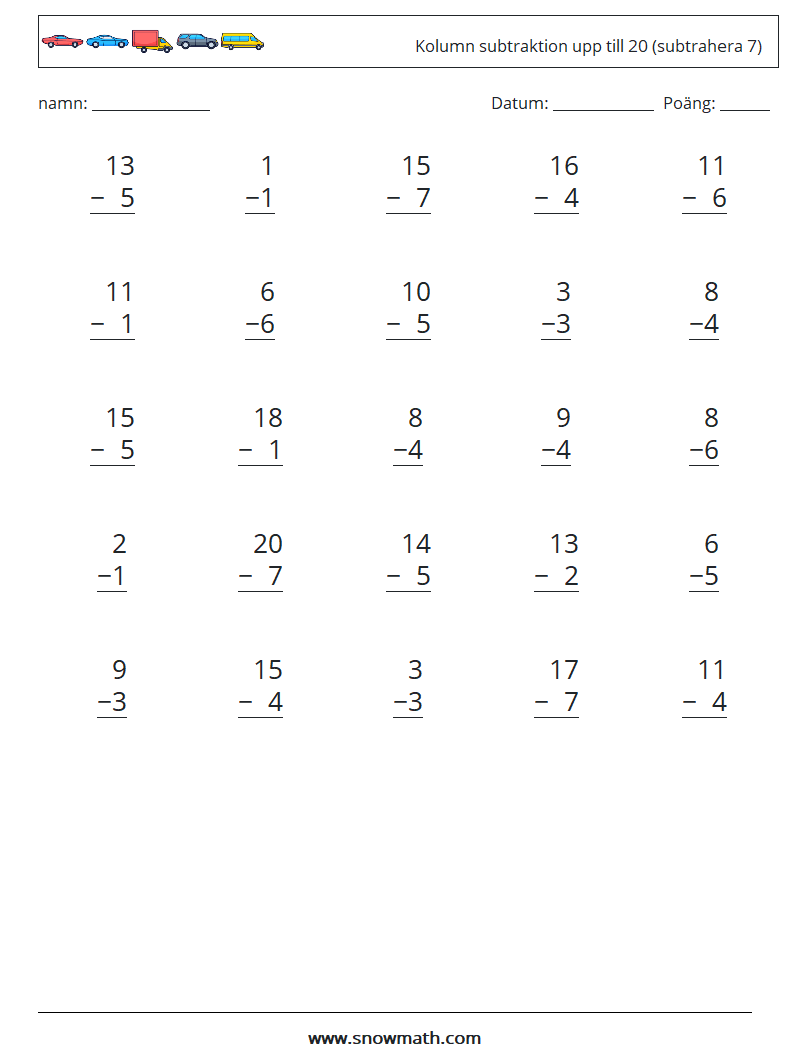 (25) Kolumn subtraktion upp till 20 (subtrahera 7) Matematiska arbetsblad 5