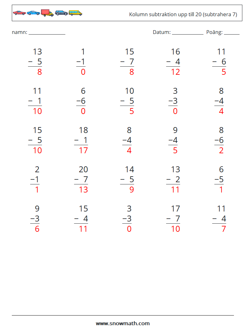 (25) Kolumn subtraktion upp till 20 (subtrahera 7) Matematiska arbetsblad 5 Fråga, svar