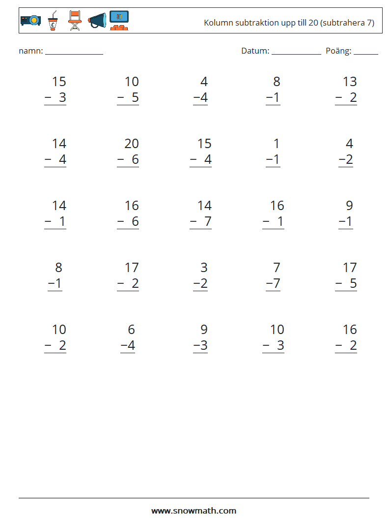 (25) Kolumn subtraktion upp till 20 (subtrahera 7) Matematiska arbetsblad 6