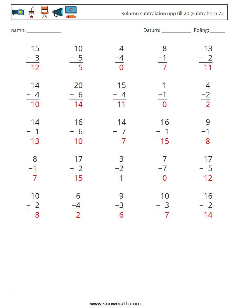 (25) Kolumn subtraktion upp till 20 (subtrahera 7) Matematiska arbetsblad 6 Fråga, svar