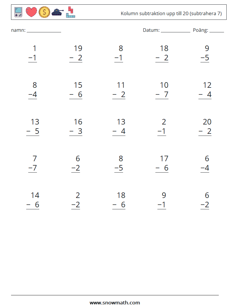 (25) Kolumn subtraktion upp till 20 (subtrahera 7) Matematiska arbetsblad 7