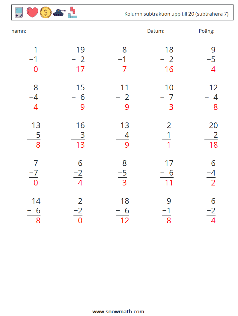 (25) Kolumn subtraktion upp till 20 (subtrahera 7) Matematiska arbetsblad 7 Fråga, svar