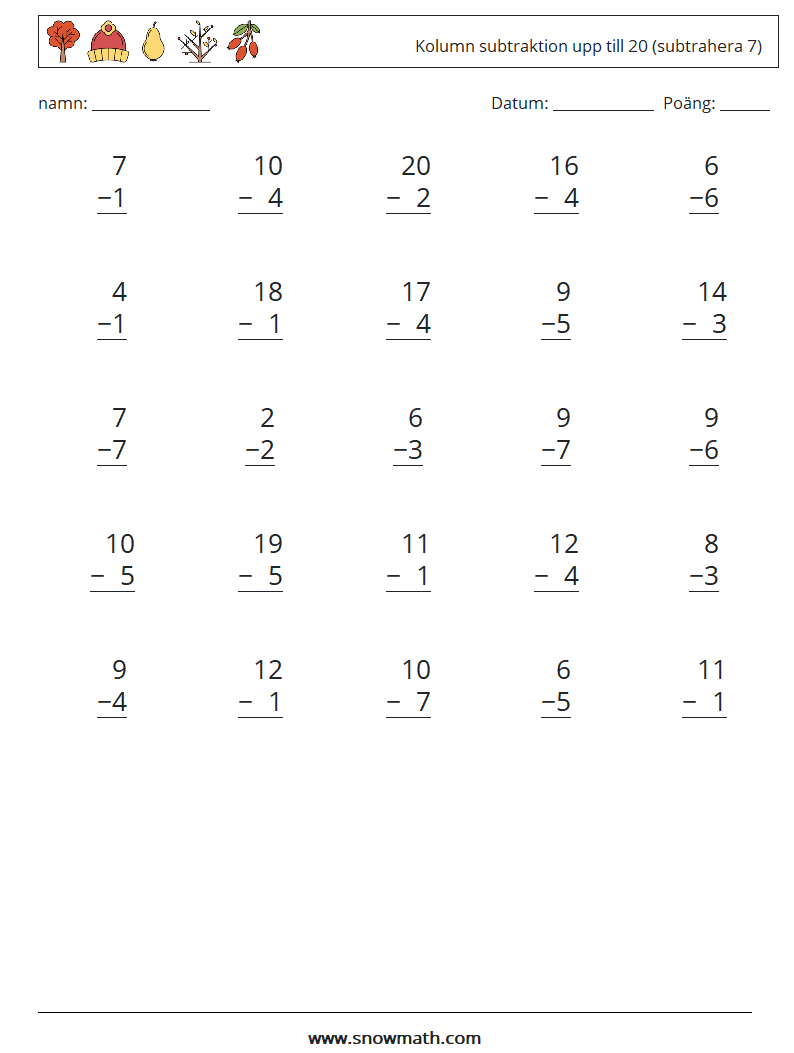 (25) Kolumn subtraktion upp till 20 (subtrahera 7) Matematiska arbetsblad 8