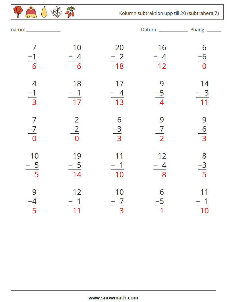 (25) Kolumn subtraktion upp till 20 (subtrahera 7) Matematiska arbetsblad 8 Fråga, svar