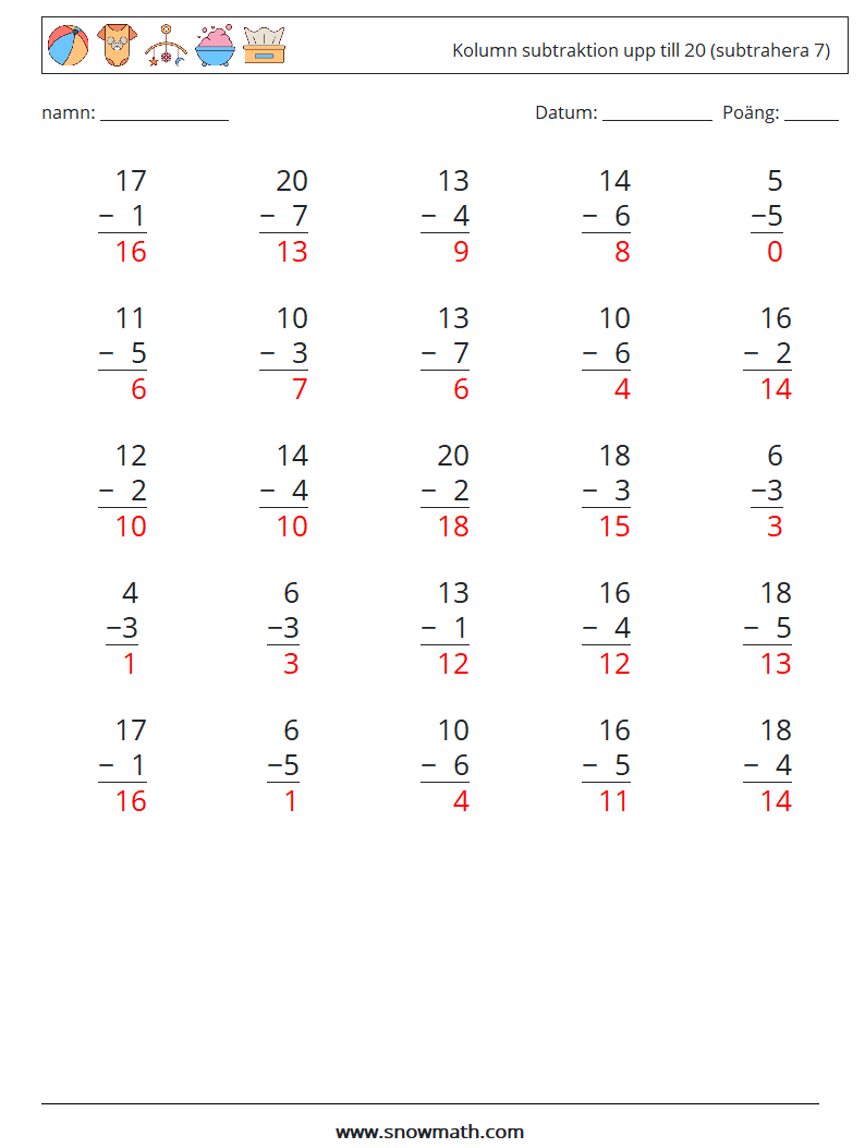 (25) Kolumn subtraktion upp till 20 (subtrahera 7) Matematiska arbetsblad 9 Fråga, svar