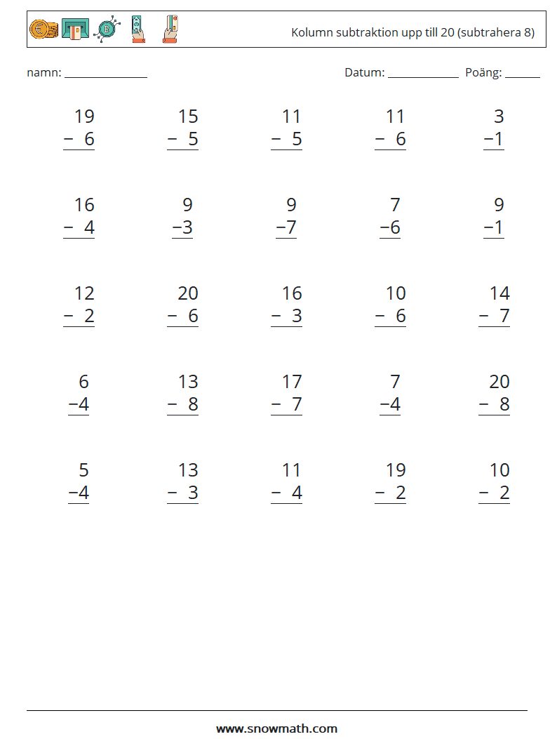 (25) Kolumn subtraktion upp till 20 (subtrahera 8)