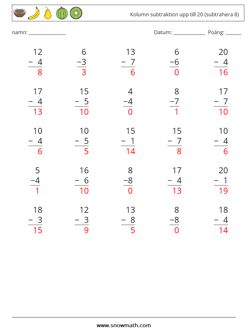 (25) Kolumn subtraktion upp till 20 (subtrahera 8) Matematiska arbetsblad 10 Fråga, svar