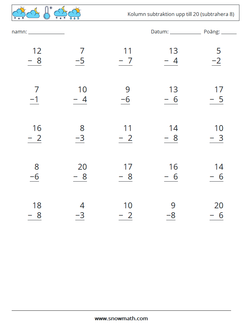 (25) Kolumn subtraktion upp till 20 (subtrahera 8) Matematiska arbetsblad 11