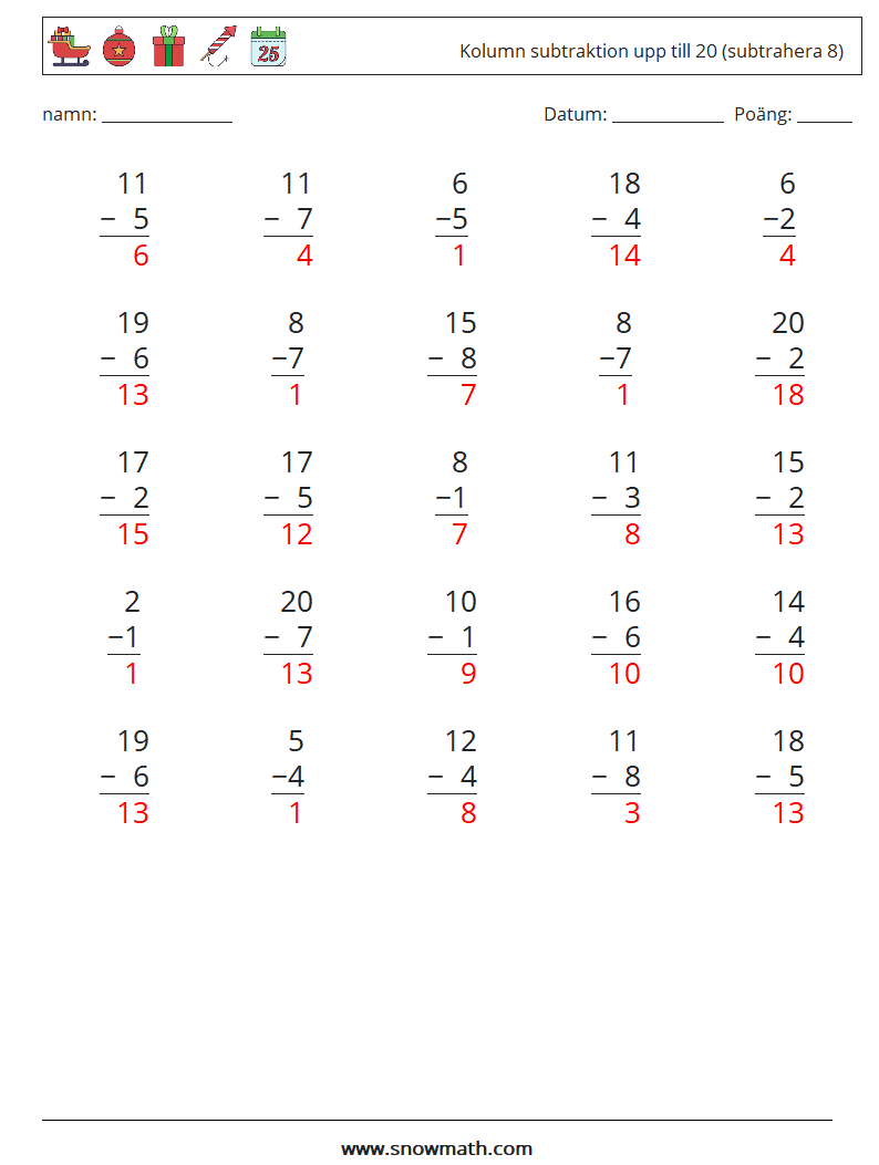 (25) Kolumn subtraktion upp till 20 (subtrahera 8) Matematiska arbetsblad 12 Fråga, svar