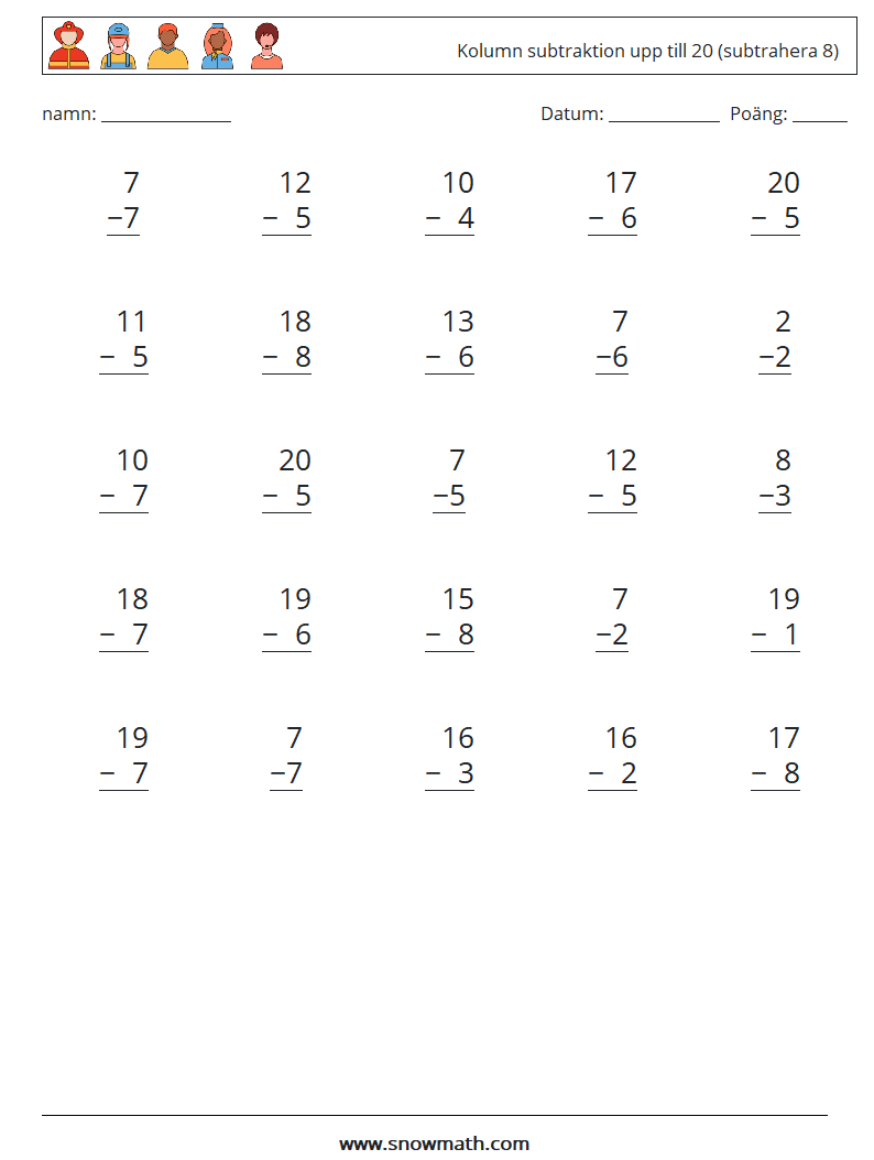 (25) Kolumn subtraktion upp till 20 (subtrahera 8) Matematiska arbetsblad 13