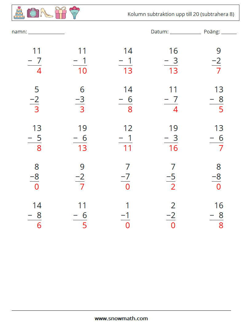 (25) Kolumn subtraktion upp till 20 (subtrahera 8) Matematiska arbetsblad 15 Fråga, svar