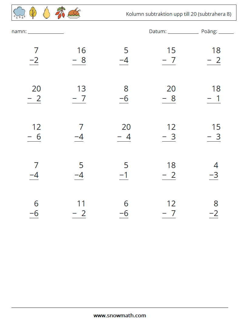 (25) Kolumn subtraktion upp till 20 (subtrahera 8) Matematiska arbetsblad 16