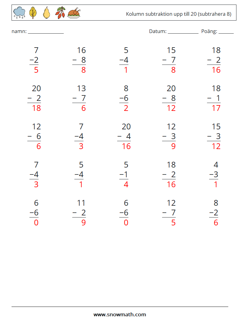 (25) Kolumn subtraktion upp till 20 (subtrahera 8) Matematiska arbetsblad 16 Fråga, svar