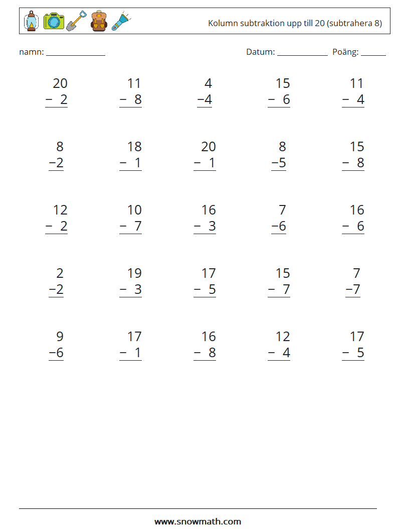 (25) Kolumn subtraktion upp till 20 (subtrahera 8) Matematiska arbetsblad 17