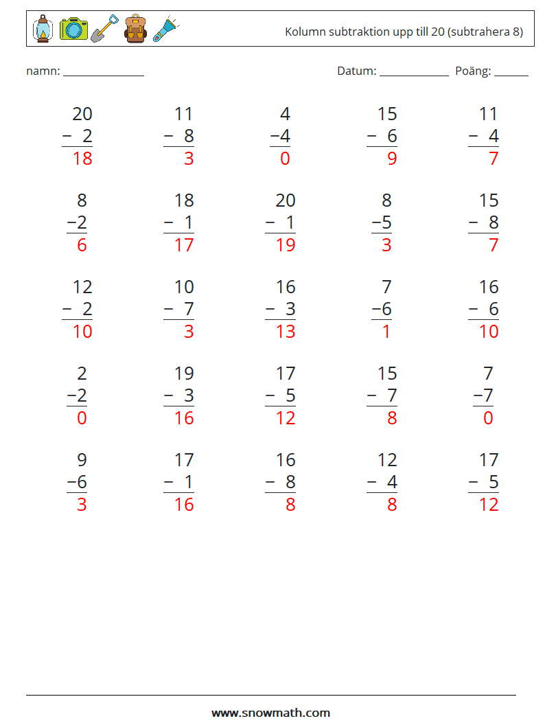 (25) Kolumn subtraktion upp till 20 (subtrahera 8) Matematiska arbetsblad 17 Fråga, svar