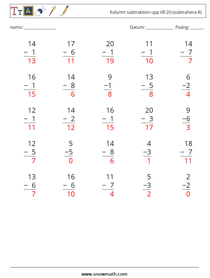 (25) Kolumn subtraktion upp till 20 (subtrahera 8) Matematiska arbetsblad 18 Fråga, svar