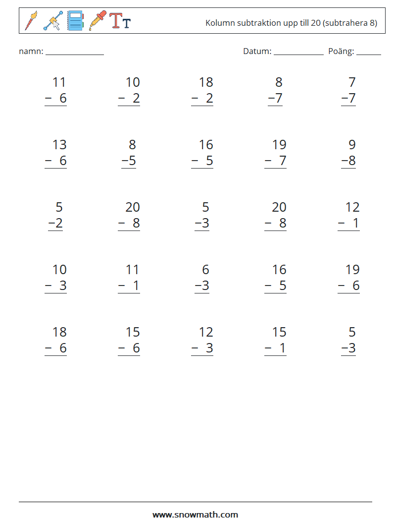 (25) Kolumn subtraktion upp till 20 (subtrahera 8) Matematiska arbetsblad 2
