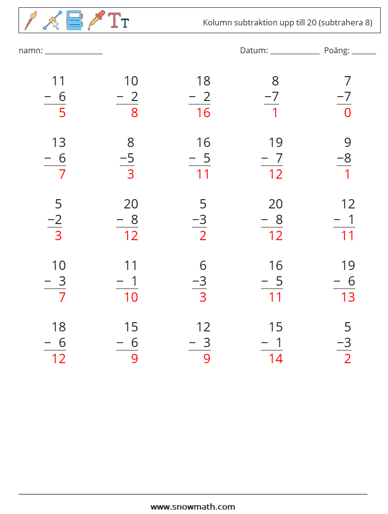 (25) Kolumn subtraktion upp till 20 (subtrahera 8) Matematiska arbetsblad 2 Fråga, svar