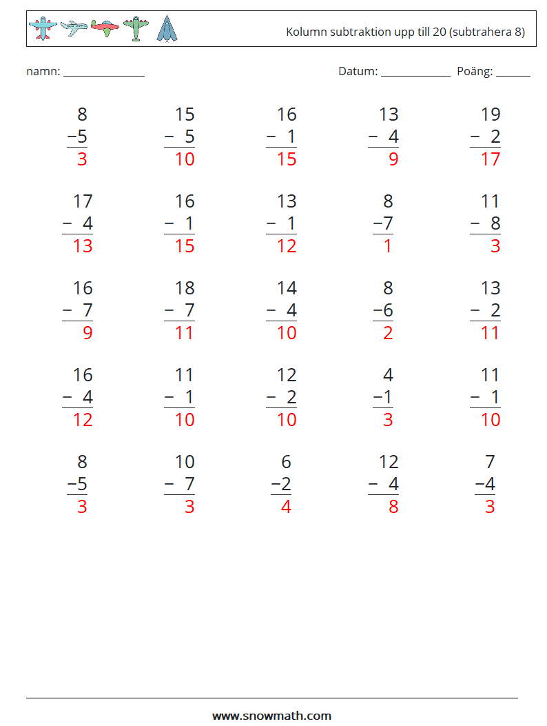 (25) Kolumn subtraktion upp till 20 (subtrahera 8) Matematiska arbetsblad 3 Fråga, svar