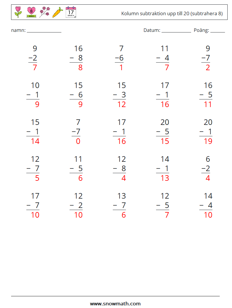 (25) Kolumn subtraktion upp till 20 (subtrahera 8) Matematiska arbetsblad 4 Fråga, svar