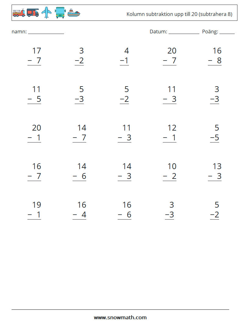 (25) Kolumn subtraktion upp till 20 (subtrahera 8) Matematiska arbetsblad 5