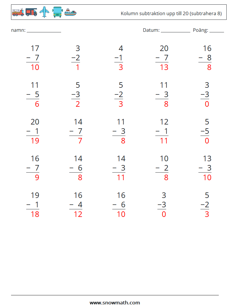 (25) Kolumn subtraktion upp till 20 (subtrahera 8) Matematiska arbetsblad 5 Fråga, svar