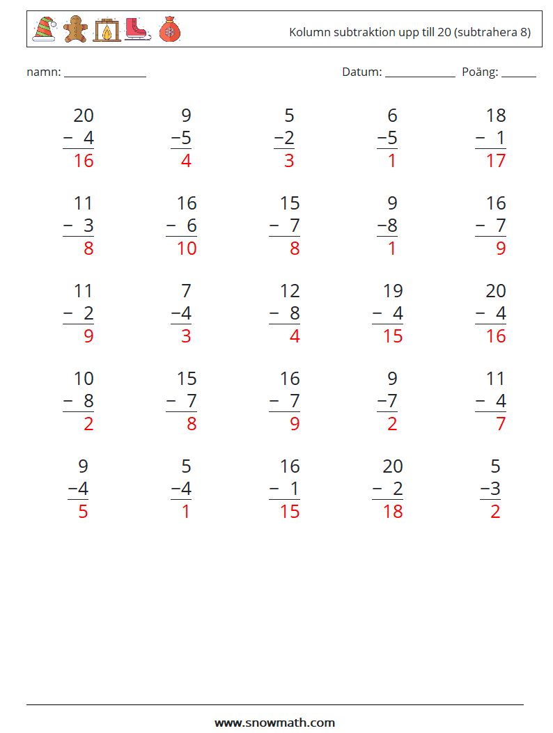 (25) Kolumn subtraktion upp till 20 (subtrahera 8) Matematiska arbetsblad 6 Fråga, svar