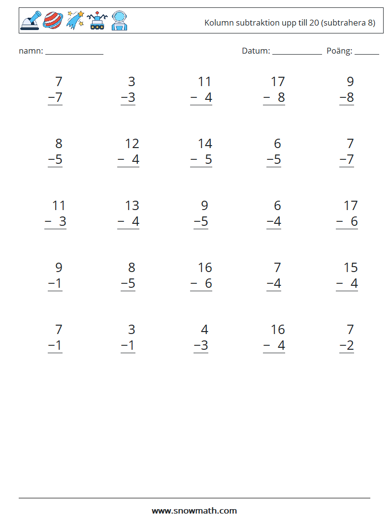 (25) Kolumn subtraktion upp till 20 (subtrahera 8) Matematiska arbetsblad 8