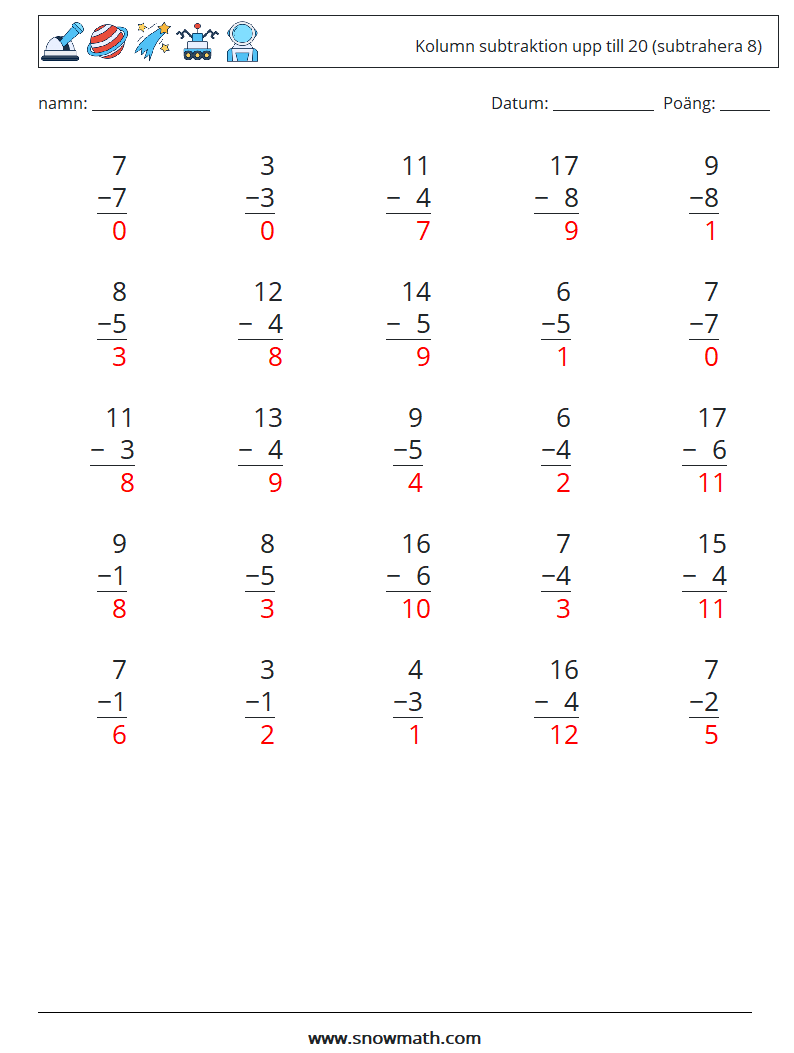 (25) Kolumn subtraktion upp till 20 (subtrahera 8) Matematiska arbetsblad 8 Fråga, svar