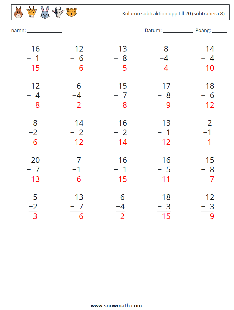 (25) Kolumn subtraktion upp till 20 (subtrahera 8) Matematiska arbetsblad 9 Fråga, svar