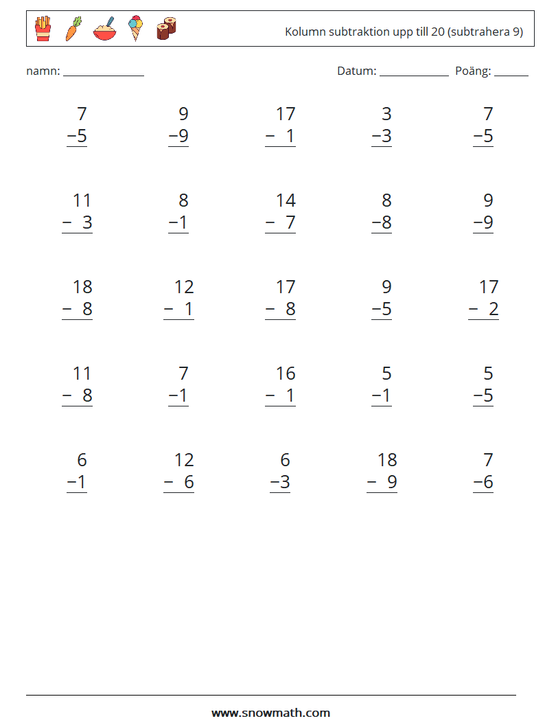 (25) Kolumn subtraktion upp till 20 (subtrahera 9) Matematiska arbetsblad 10