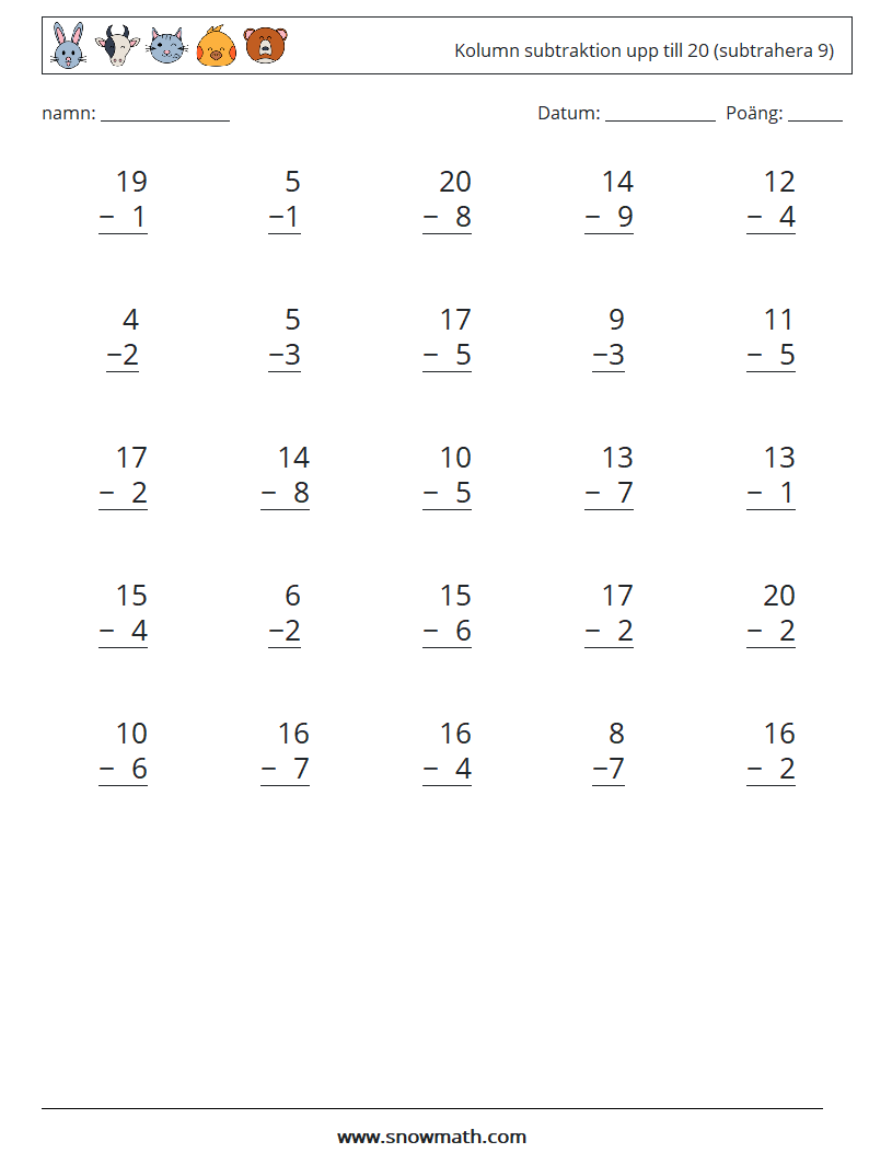 (25) Kolumn subtraktion upp till 20 (subtrahera 9) Matematiska arbetsblad 11